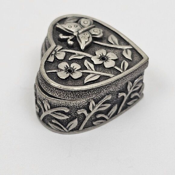 Vintage JJ Jonette Floral Heart Butterfly Brooch Pin Trinket Jewelry Box Pewter - Picture 3 of 13
